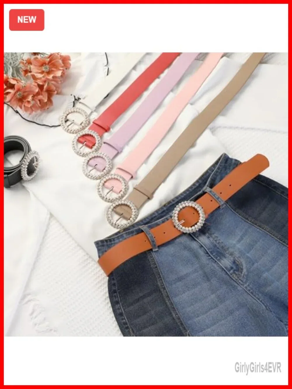 Women's Faux Leather Belt with Rhinestone Buckle for Dresses